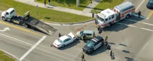 An aerial view of the intersection accident scene with a white sedan, green SUV, police car, fire truck, and emergency responders for the Georgia car accident compensation case documentation.