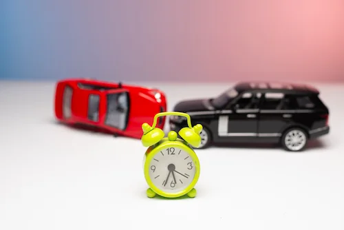 Statute of limitations for car accident in Georgia concept, car crash with alarm clock