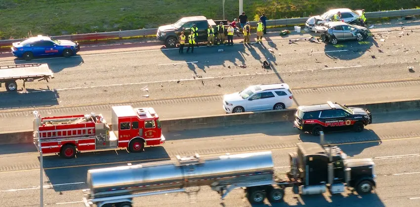 An aerial view of a multi-vehicle car accident on a highway with first responders' emergency vehicles and fire trucks responding to the scene in Atlanta.