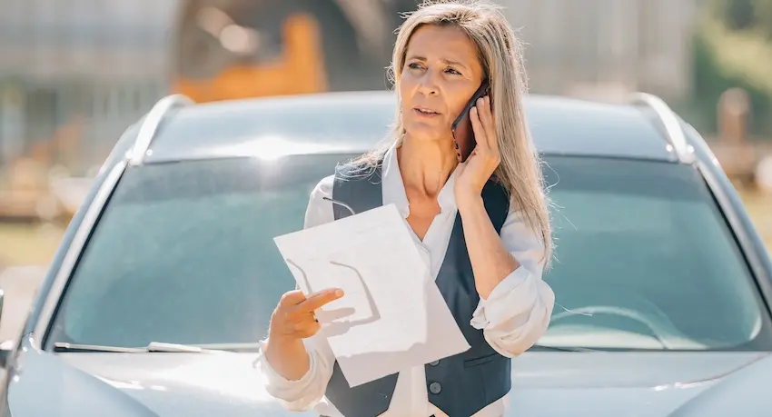 A concerned woman with long blonde hair stands in front of a car holding documents while talking on her phone capturing the stressful moment an accident victim receives and tries to evaluate a first settlement offer from an insurance company in Metro Atlanta.